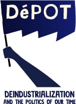 DePOT logo showing a hand holding a flag - deindustrialization and the politics of our time.