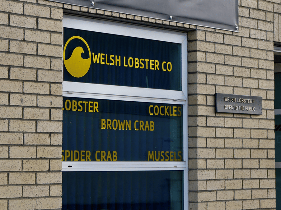 The exterior of the Welsh Lobster Company with signs in a window that read Lobster, Cockles, Brown Crab, Spider Crab and Mussels.