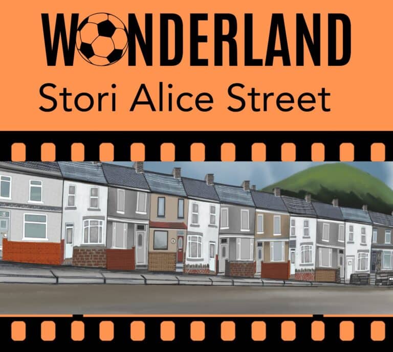An illustration of Alice Street in Swansea showing a row of terrace houses.